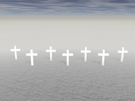 Seven white crosses planted in the ground by snusetの写真素材