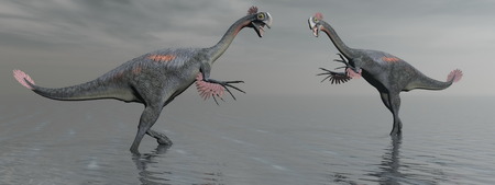 two gigantoraptor dinosaur and lakeの写真素材