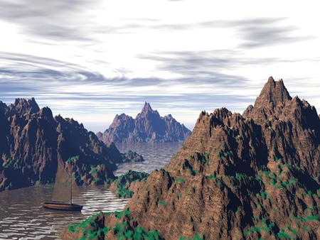 sailboats in a natural landscapeの写真素材