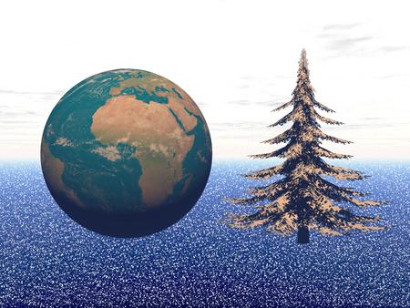 Planet in christmas party isolated in snow blue backgroundの写真素材