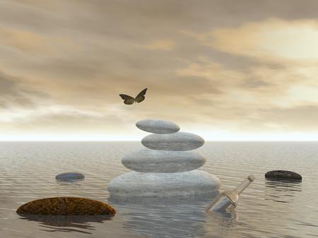 Butterflies in flight in a Zen landscape - 3D renderingの写真素材