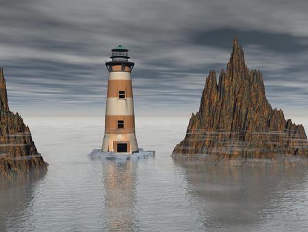 Lighthouse on the sea under sky - 3d renderingの写真素材