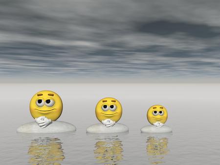 Three Meditating emoticon and steps - 3d renderingの写真素材