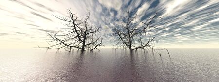 beautiful ocean view with two large trees - 3d rendering