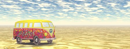 beautiful travel bus with a zen landscape - 3d renderingの写真素材