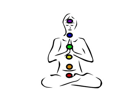 person in yoga position with chakra colors - 3d rendering