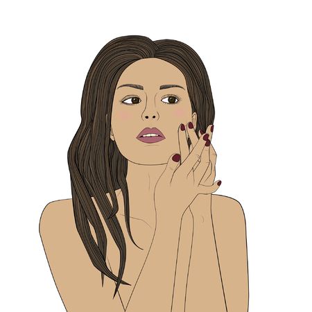 A Vector illustration of a young woman treating a pimple acne looking at her face in the mirror.のイラスト素材