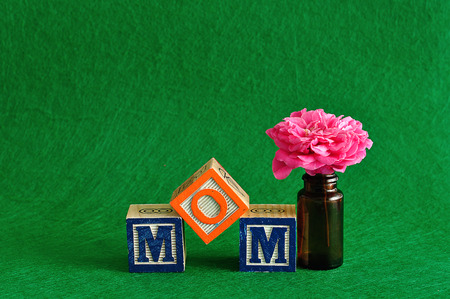 The word mom spelled with alphabet blocks against a green background with a pink flowerの写真素材