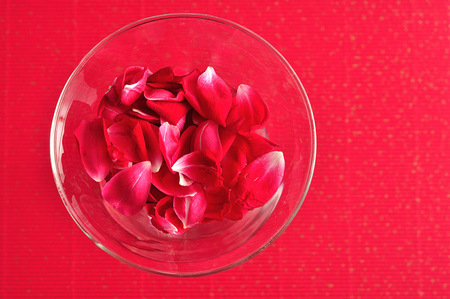 A glass filled with red rose petalsの写真素材