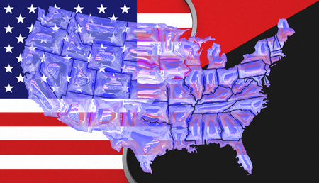 3D illustration. USA flag and an Antifa flag with a see through map of America on topの写真素材