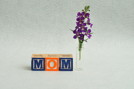 Mom spelled with alphabet blocks and small purple flowersの写真素材