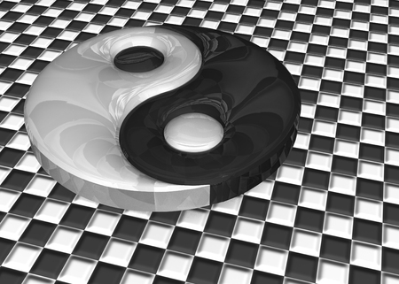 3D Illustration. A yin yang sign on a checkered backgroundの写真素材