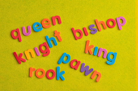 The names of all the different chess pieces on a yellow backgroundの写真素材