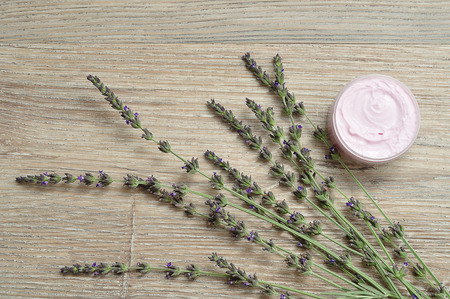 A bunch of lavender displayed with a container body lotionの写真素材