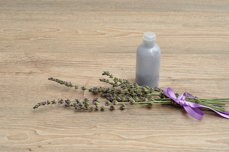 A bunch of lavender displayed with a container body lotionの写真素材
