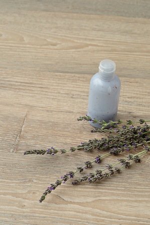 A bunch of lavender displayed with a container body lotionの写真素材