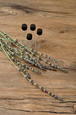 A bunch of lavender displayed with empty bottlesの写真素材