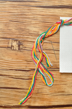 String of colorful embroidery thread displayed with a piece of embroidery fabric and a needleの写真素材