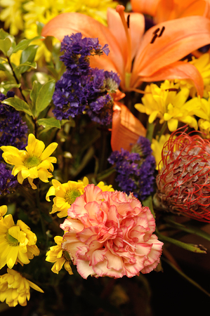 A carnation that is part of a colorful bouquetの写真素材