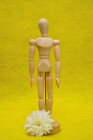 A wooden mannequin display with a white asterの写真素材