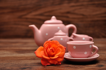 A porcelain spotted tea cup and kettle and an orange roseの写真素材
