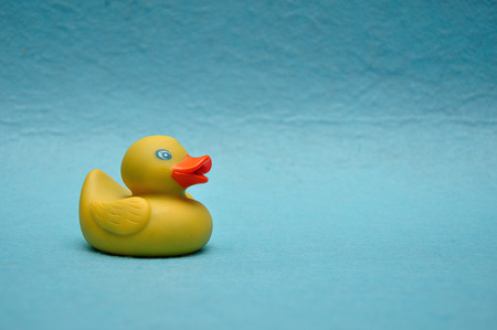 A rubber duck on a blue backgroundの写真素材