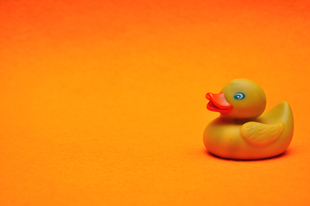 A rubber duck on an orange backgroundの写真素材