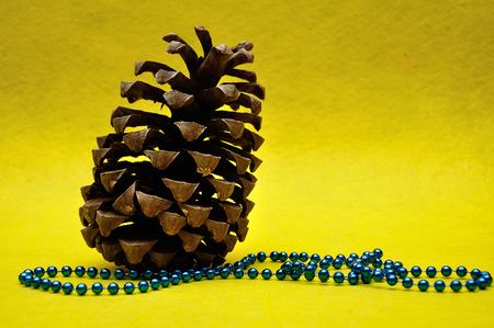 A pine cone on a yellow background and blue beadsの写真素材