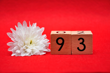 Number ninety three with a white daisy on a red backgroundの写真素材