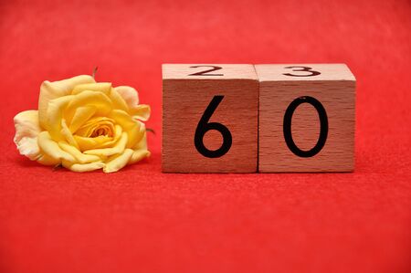 Number sixty with a yellow rose on a red backgroundの写真素材