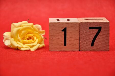Number seventeen with a yellow rose on a red backgroundの写真素材