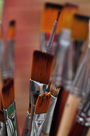 A variety of paint brushes with selective focusの写真素材