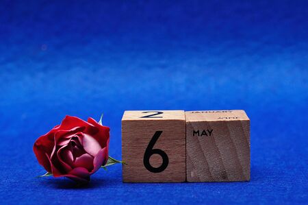 6 May on wooden blocks with a red rose on a blue backgroundの写真素材