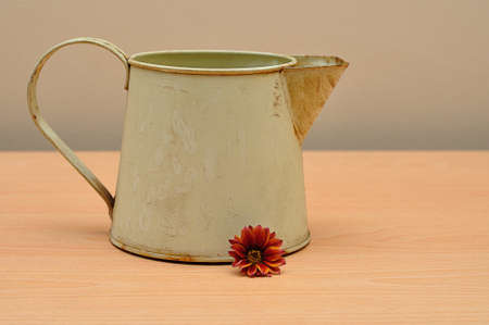 A rusty old mug on a table with an african daisyの写真素材