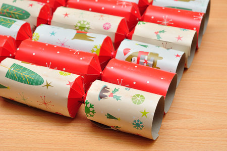 Close up of colorful christmas crackersの写真素材
