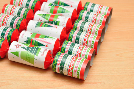 Close up of colorful christmas crackersの写真素材
