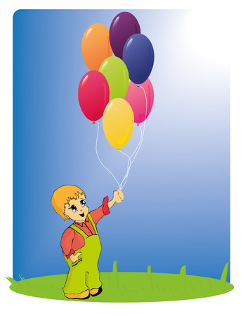 Boy holds the bunch of balloonsのイラスト素材