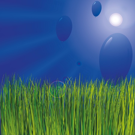 Grass and sunny sky as background with balloonsのイラスト素材
