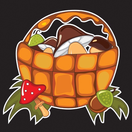 Autumn basket with seasonal yield - mushroom, acorn. Isolated on the black.のイラスト素材