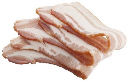Slices of bacon isolated on the white backgroundの写真素材