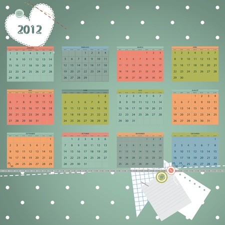 Calendar 2012 year. First day of week beginning on Sunday.  Scrapbook retro style vector illustration.のイラスト素材