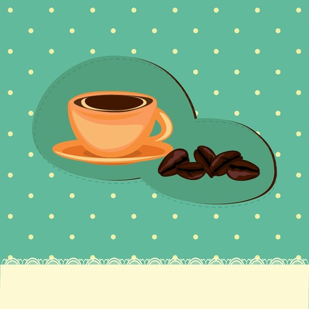 Coffee card with cup and beans on the retro background with polka dotsのイラスト素材
