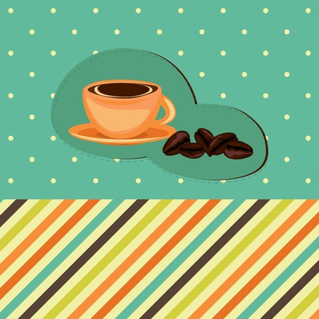 Coffee card with cup and beans on the retro background with polka dotsのイラスト素材