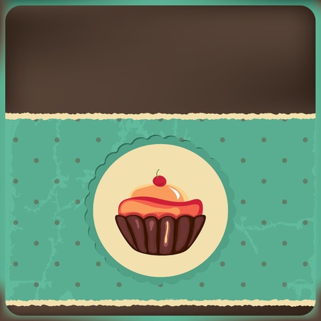 Cute retro cupcake in frame   Polka dots background  Vector card  のイラスト素材