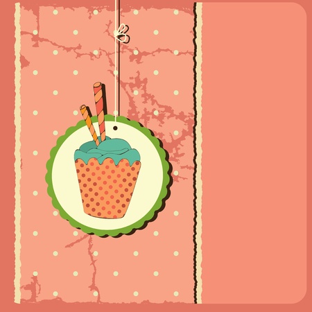 Cute retro cupcake,Polka dots background.Illustration card のイラスト素材