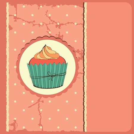 Cute retro cupcake in frame . Polka dots background. Vector card.のイラスト素材