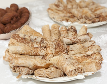 Many pancakes stuffed  on the plate   Traditional russian cusine