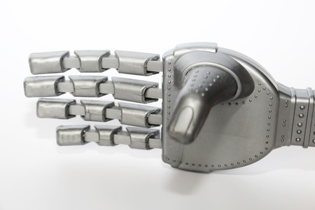 Robot hand. Metal hand cyborg. Close-up. White background. Modern technology and robotics. Robots...