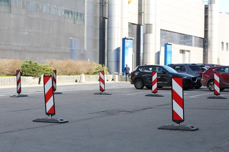 Parking. Road signs for more information. Obstacle detour on the right side. Obstacle bypass on the left side.の写真素材