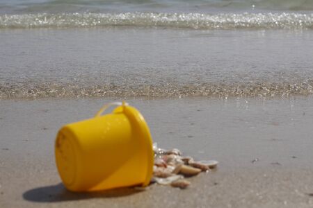 Yellow baby bucket with shells. At the bucket seashells. Many sea shells in the sand. The concept of travel and vacation at sea.の写真素材